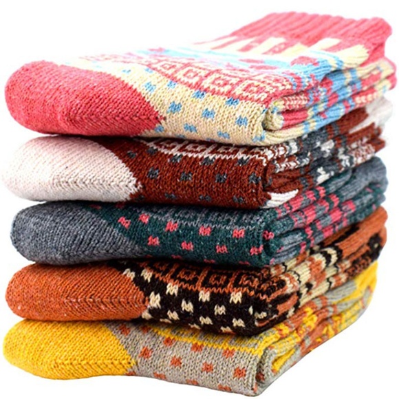 Womens 5 Pairs Vintage Style Thick Crew Socks - Picture 2 of 8